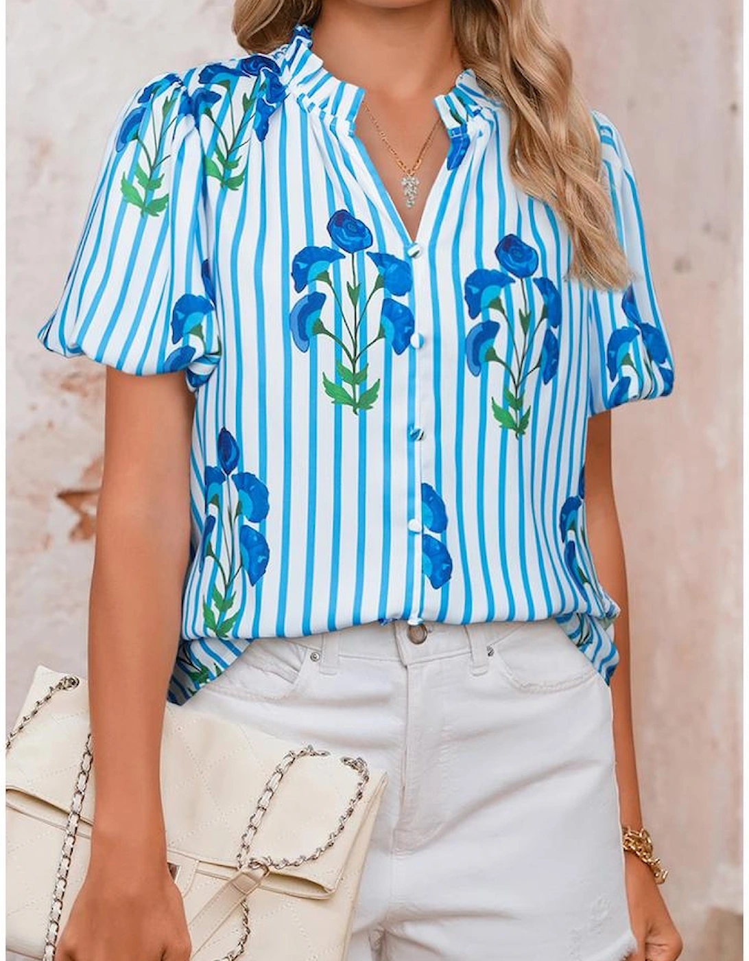 Sky Blue Stripe Floral Buttoned Frilly Notched Neck Puff Sleeve Summer Blouse