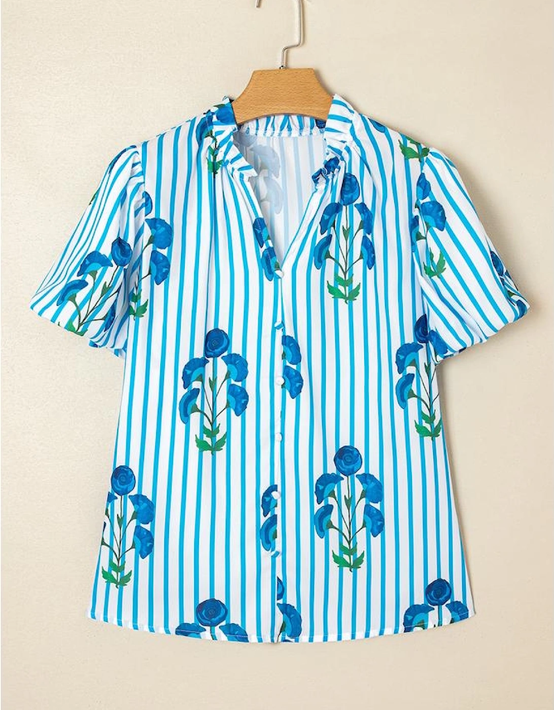 Sky Blue Stripe Floral Buttoned Frilly Notched Neck Puff Sleeve Summer Blouse