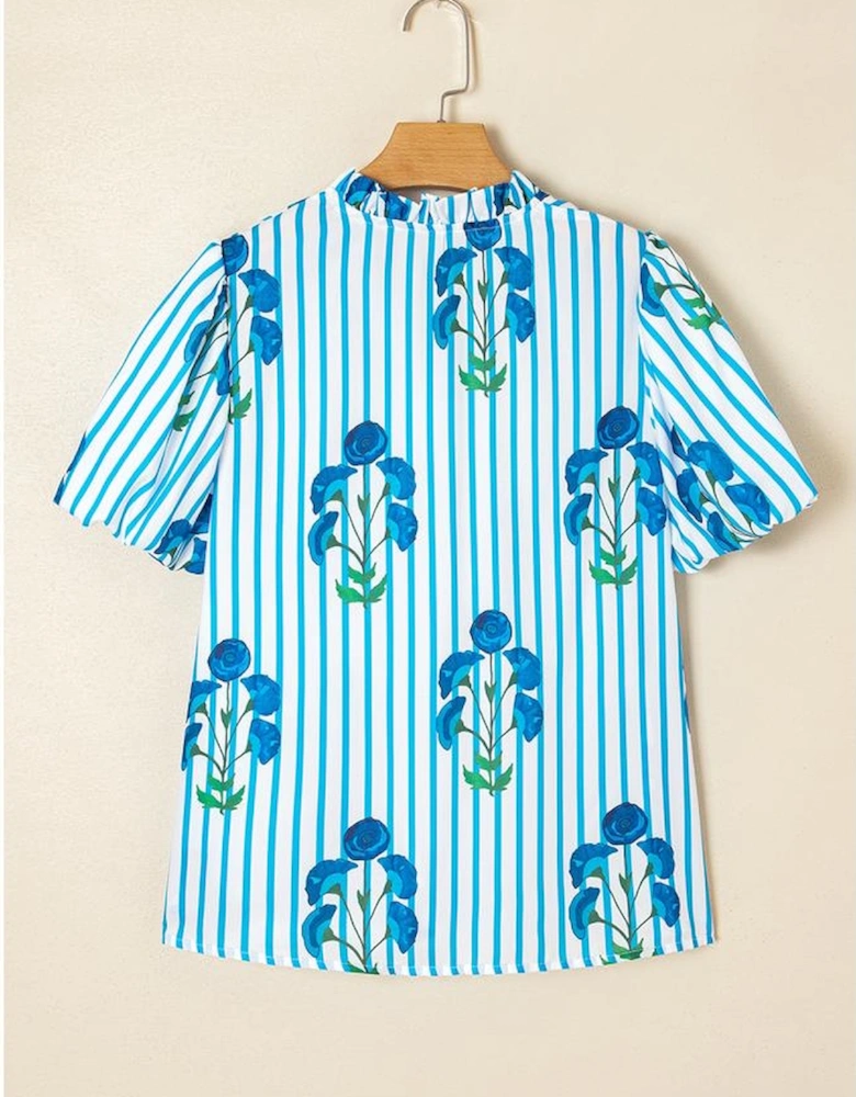 Sky Blue Stripe Floral Buttoned Frilly Notched Neck Puff Sleeve Summer Blouse