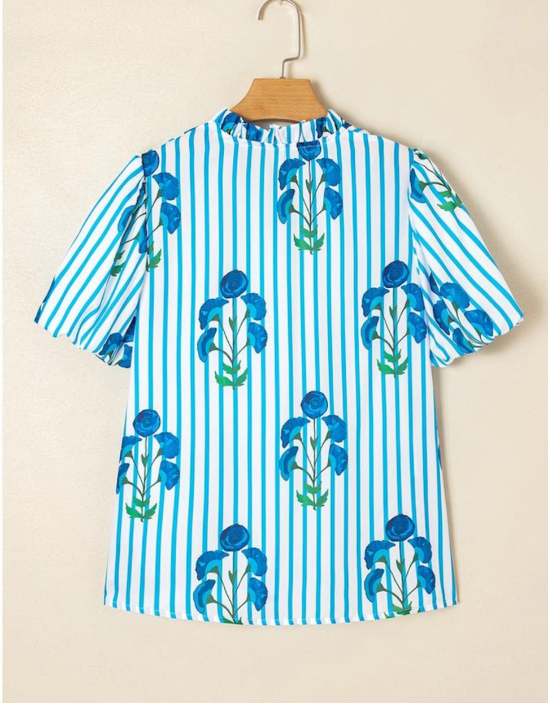 Sky Blue Stripe Floral Buttoned Frilly Notched Neck Puff Sleeve Summer Blouse