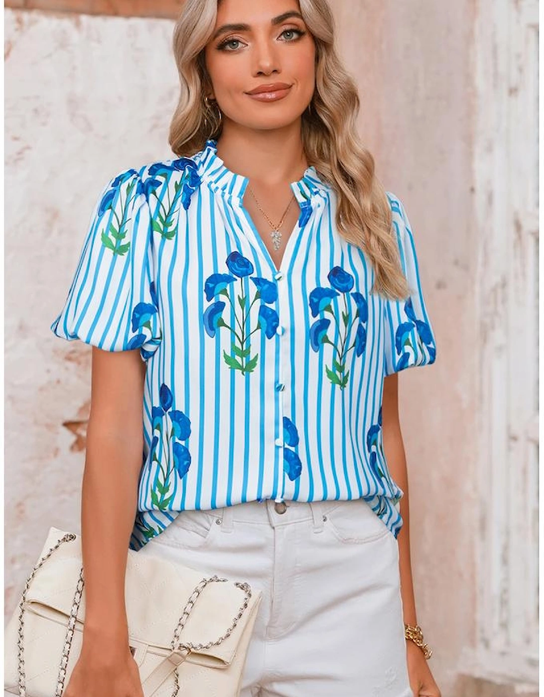 Sky Blue Stripe Floral Buttoned Frilly Notched Neck Puff Sleeve Summer Blouse