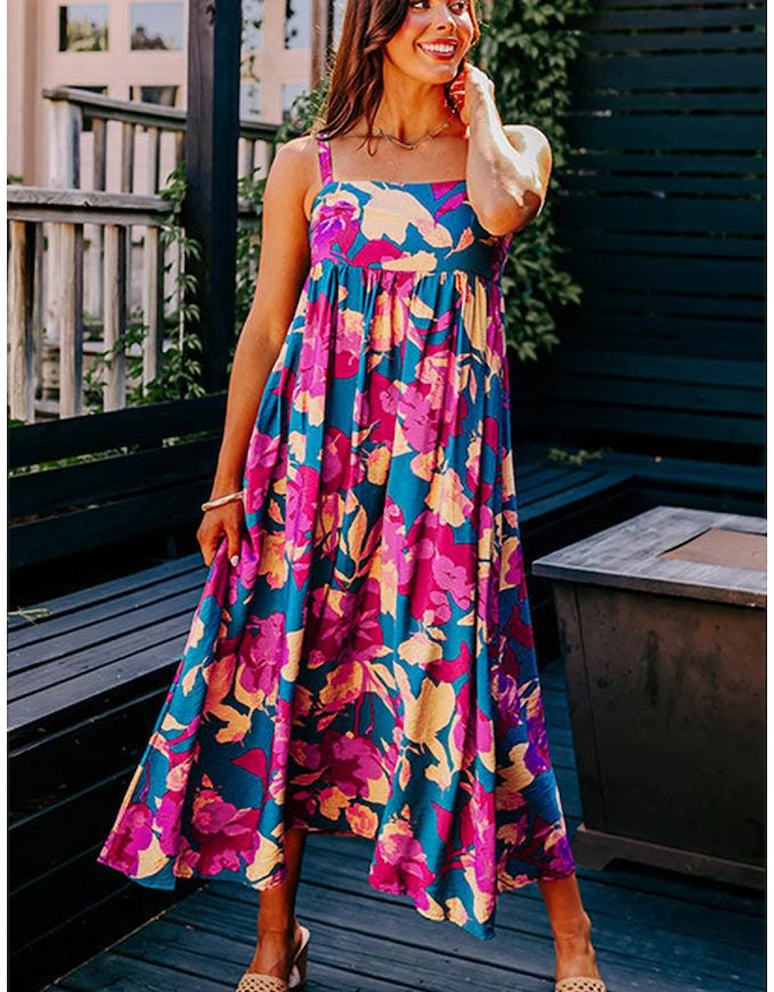 Dark Blue Floral High Waist Sleeveless Flared Long Dress