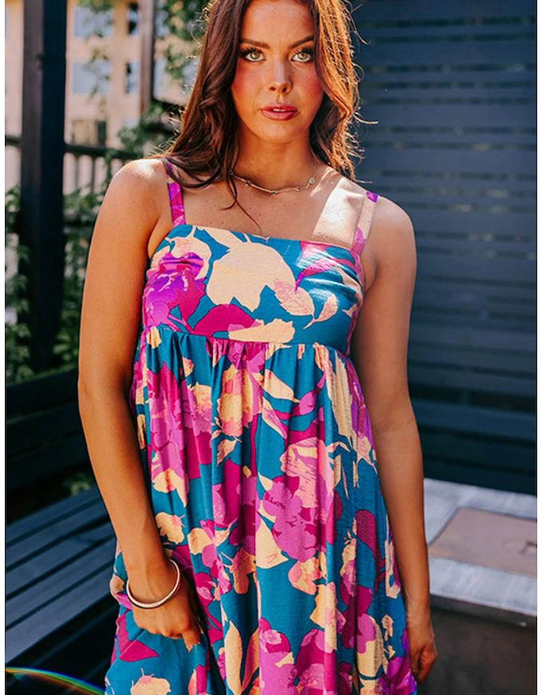 Dark Blue Floral High Waist Sleeveless Flared Long Dress