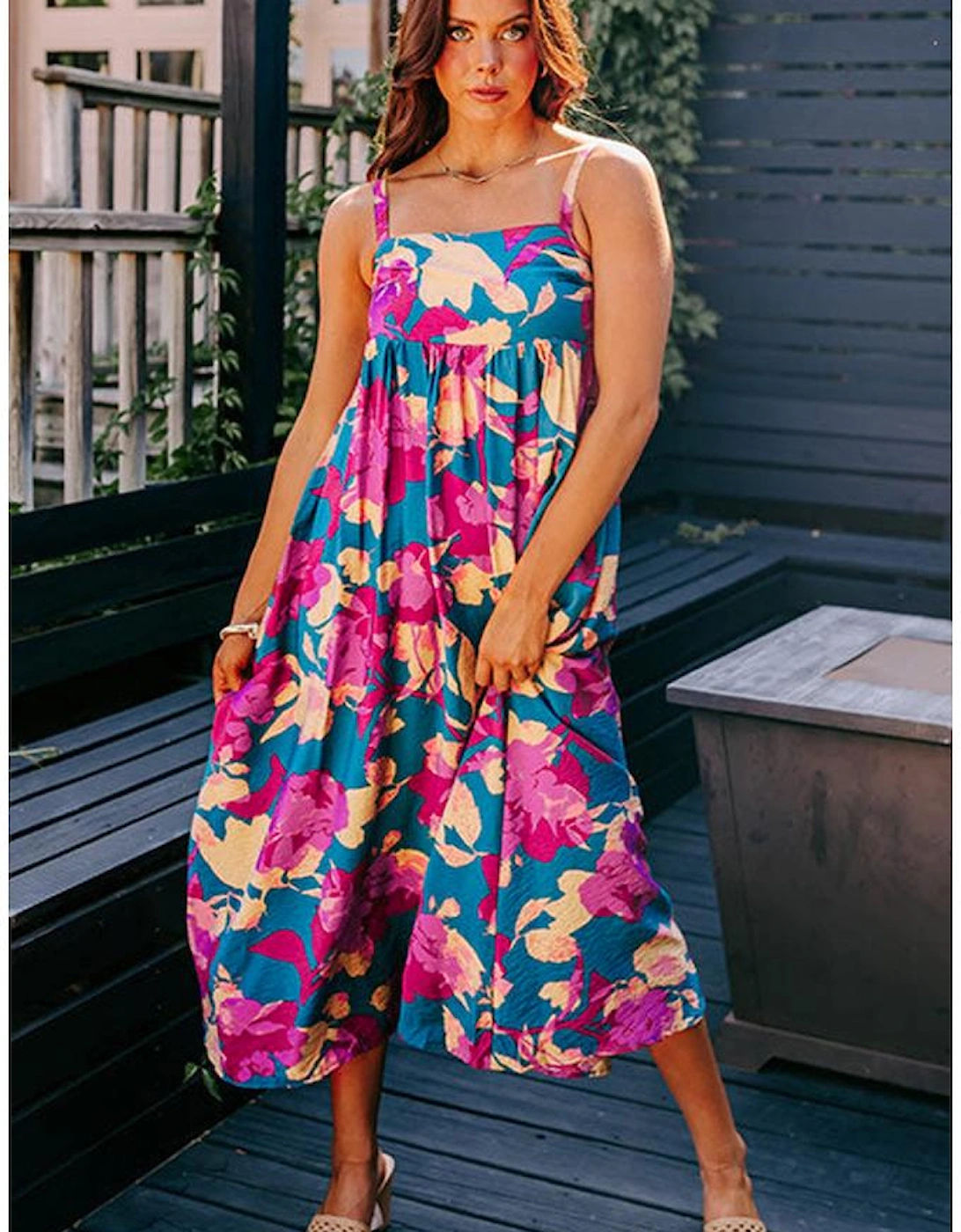 Dark Blue Floral High Waist Sleeveless Flared Long Dress