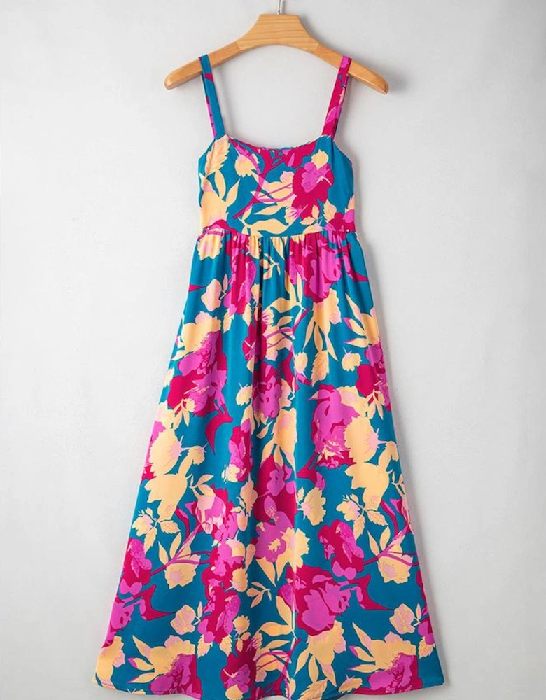 Dark Blue Floral High Waist Sleeveless Flared Long Dress