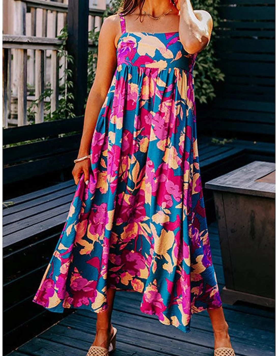 Dark Blue Floral High Waist Sleeveless Flared Long Dress