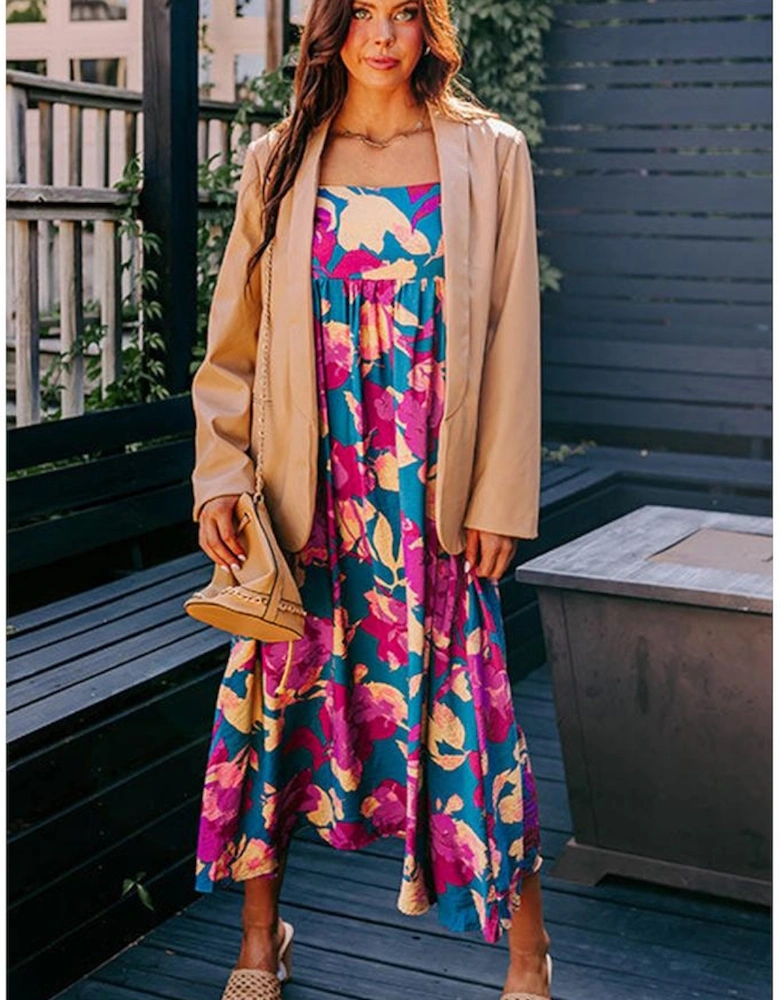 Dark Blue Floral High Waist Sleeveless Flared Long Dress