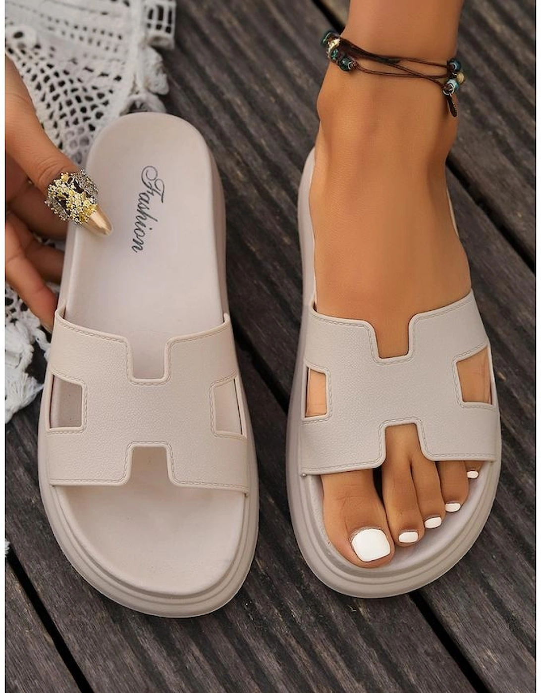 Beige Cutout Design Open Toe Platform Slippers (Run Small Size Up), 5 of 4