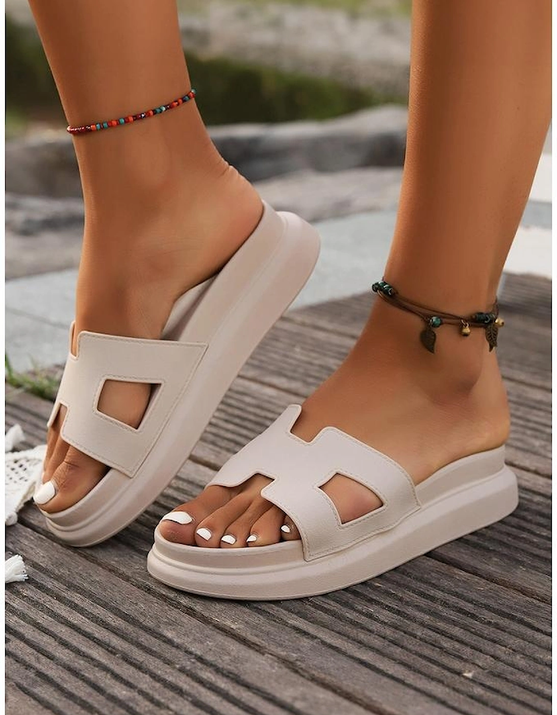 Beige Cutout Design Open Toe Platform Slippers (Run Small Size Up)
