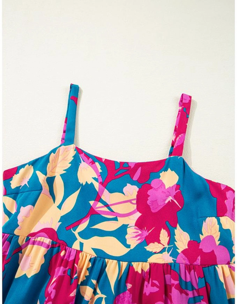 Dark Blue Floral High Waist Sleeveless Flared Long Dress