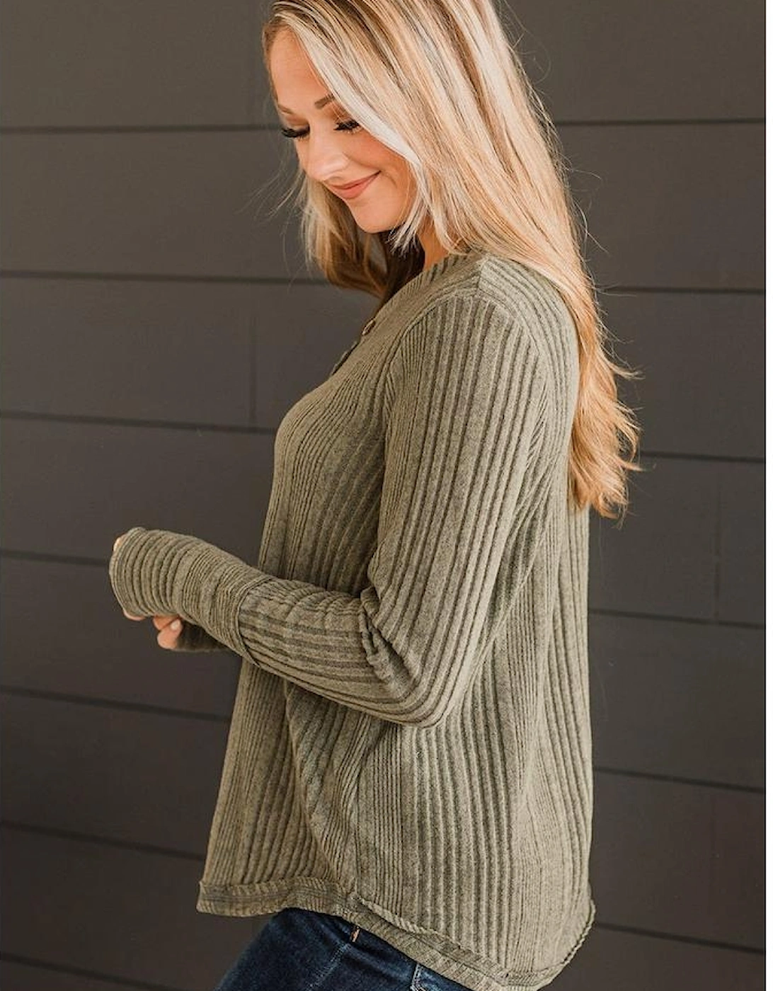 Jungle Green V Neck Buttoned Ribbed Knit Top