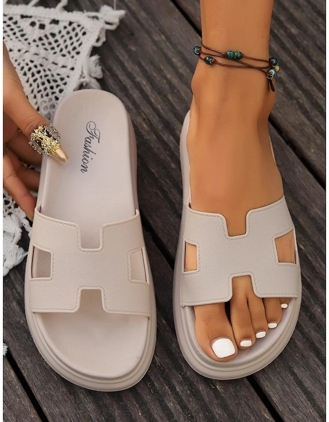Beige Cutout Design Open Toe Platform Slippers (Run Small Size Up)