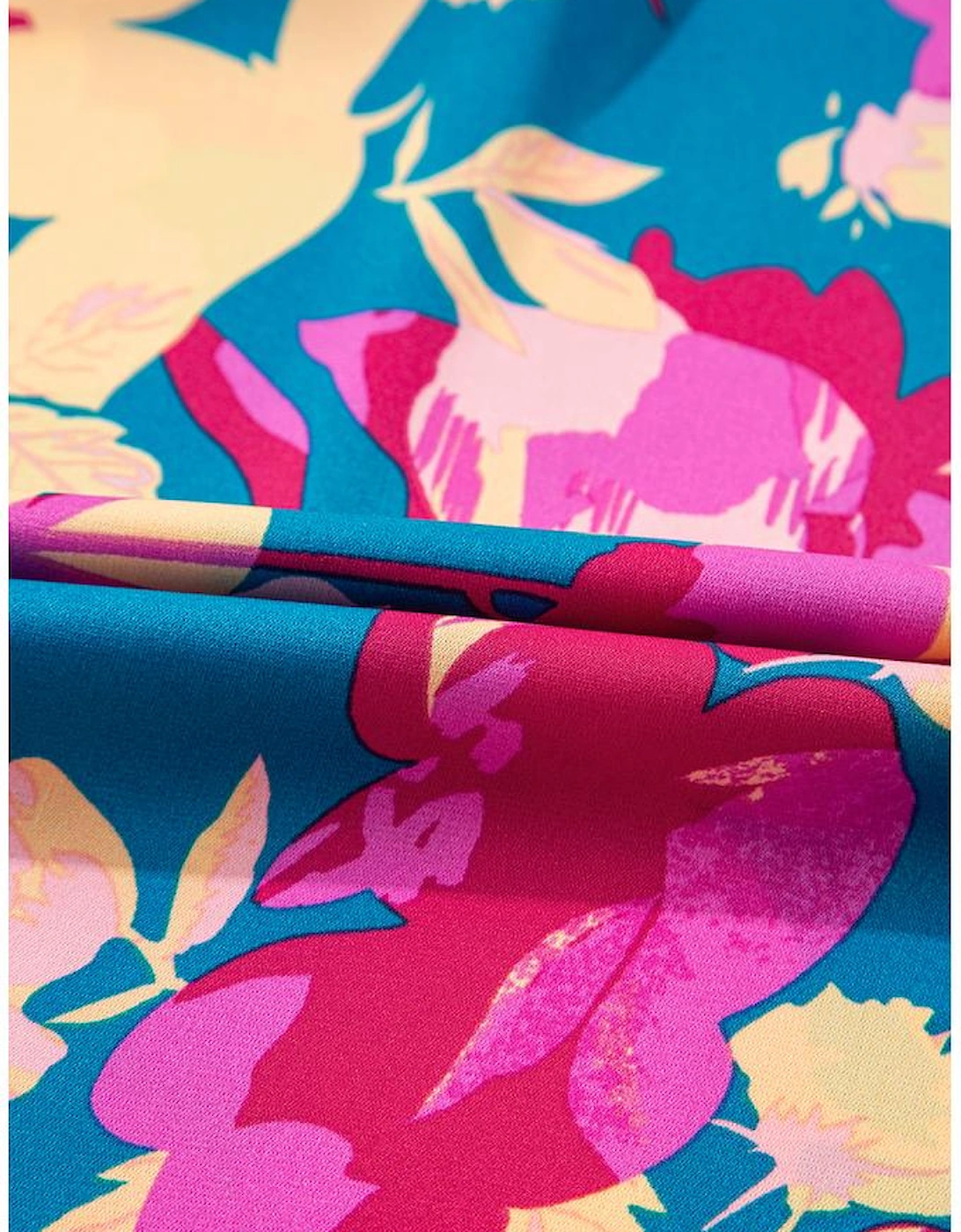 Dark Blue Floral High Waist Sleeveless Flared Long Dress