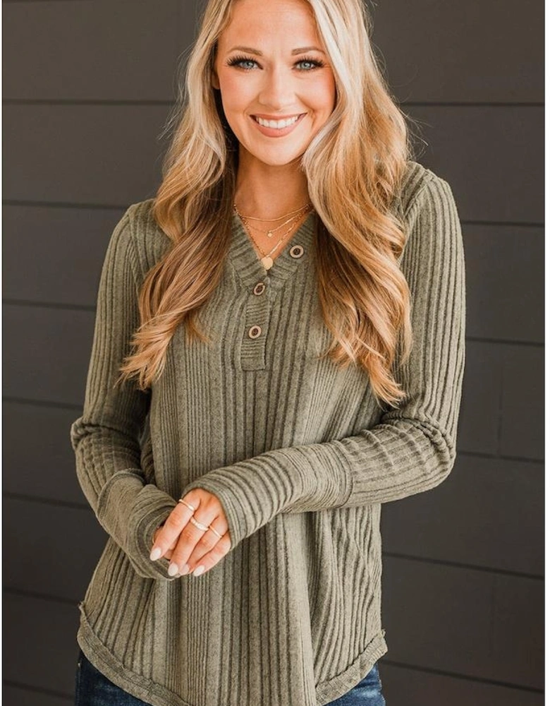 Jungle Green V Neck Buttoned Ribbed Knit Top