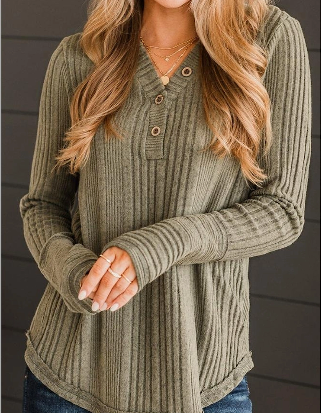 Jungle Green V Neck Buttoned Ribbed Knit Top, 6 of 5