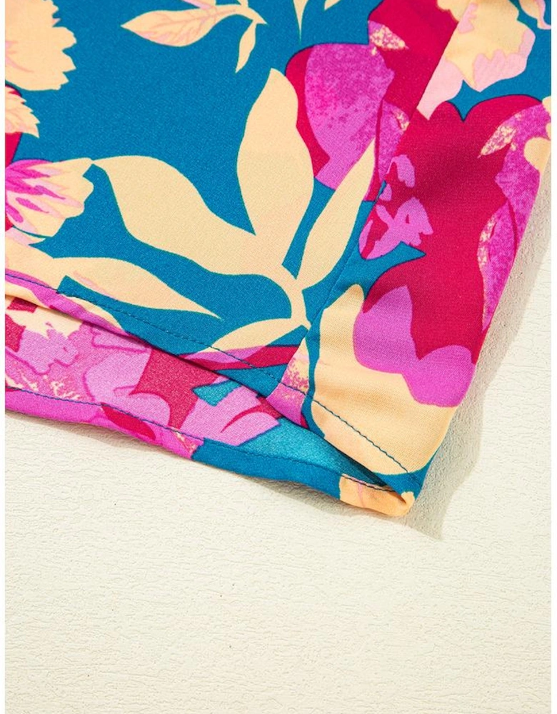 Dark Blue Floral High Waist Sleeveless Flared Long Dress