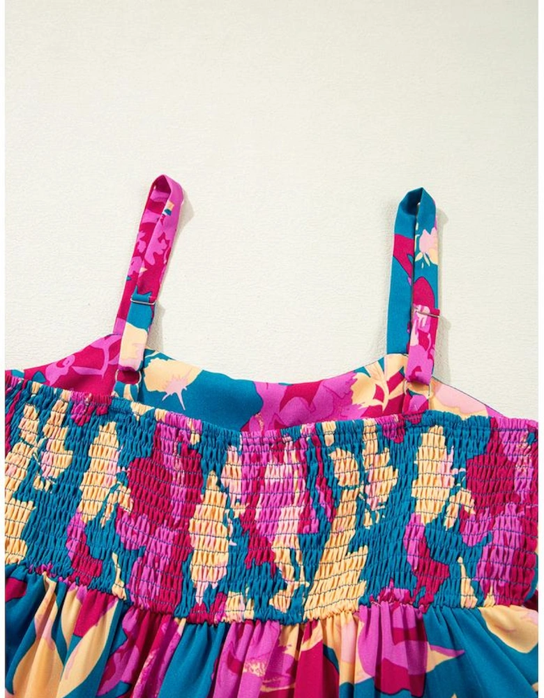 Dark Blue Floral High Waist Sleeveless Flared Long Dress