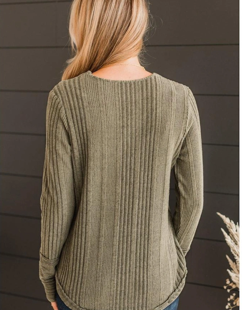 Jungle Green V Neck Buttoned Ribbed Knit Top