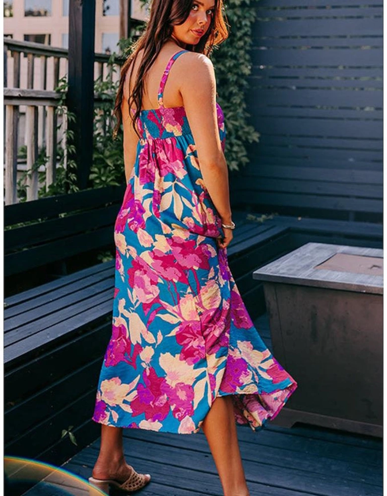 Dark Blue Floral High Waist Sleeveless Flared Long Dress