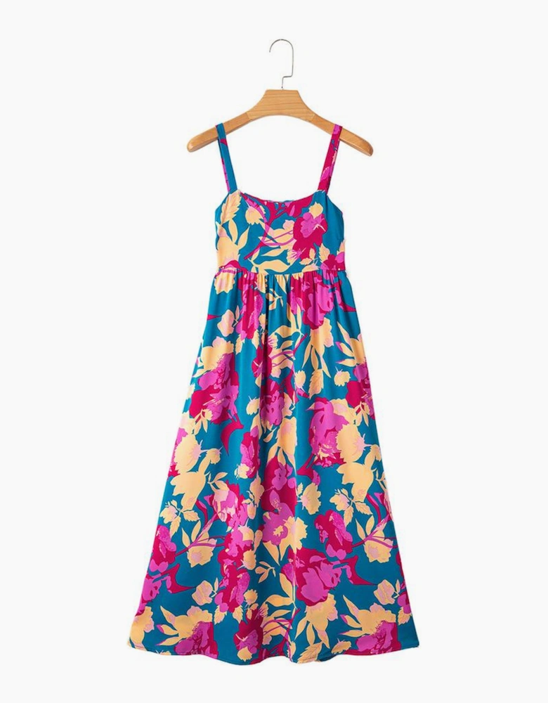 Dark Blue Floral High Waist Sleeveless Flared Long Dress