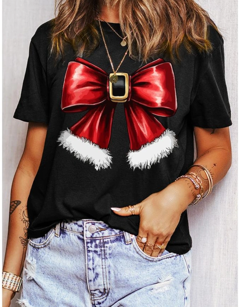 Black Christmas Big Bowknot Graphic Crewneck T Shirt