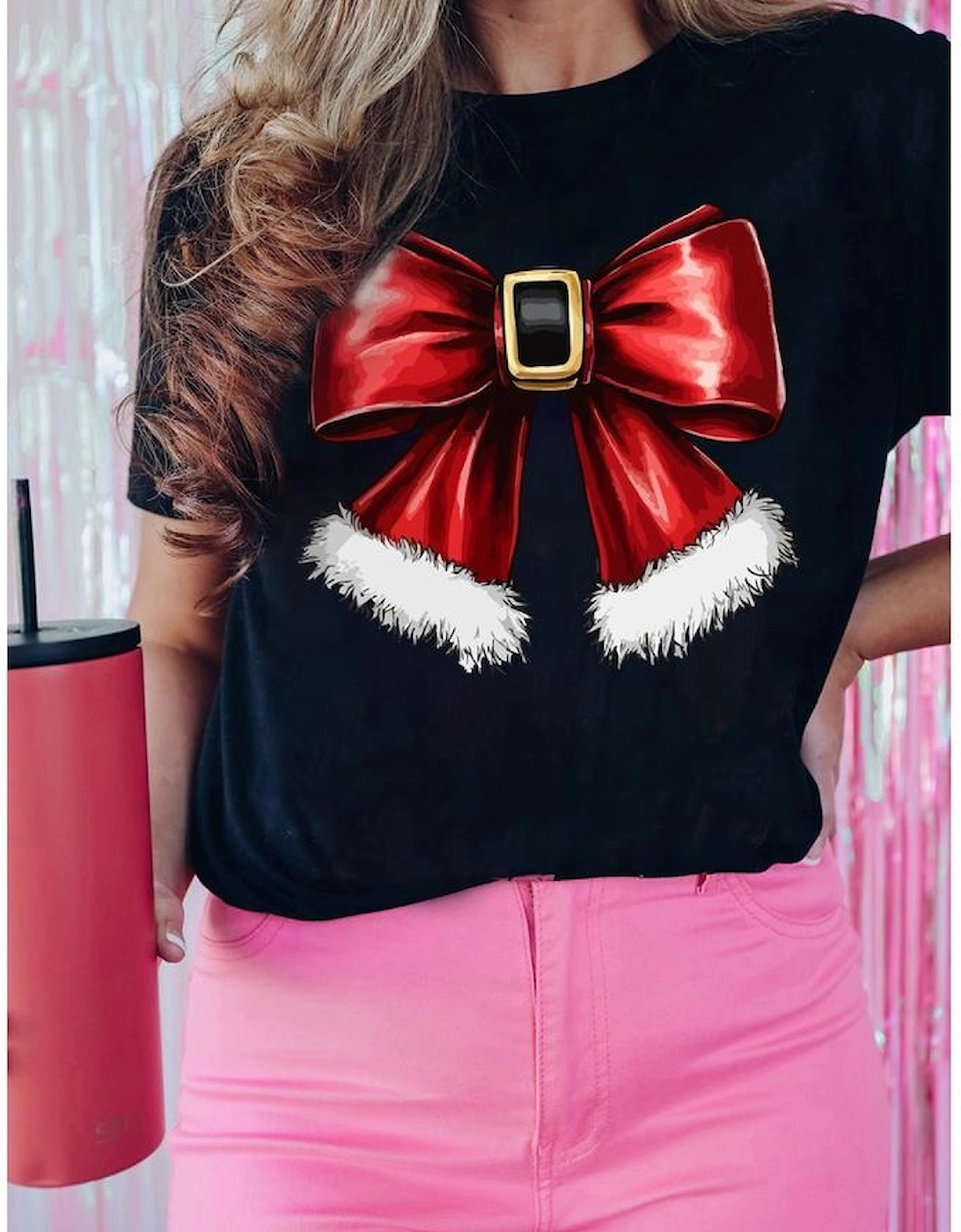 Black Christmas Big Bowknot Graphic Crewneck T Shirt