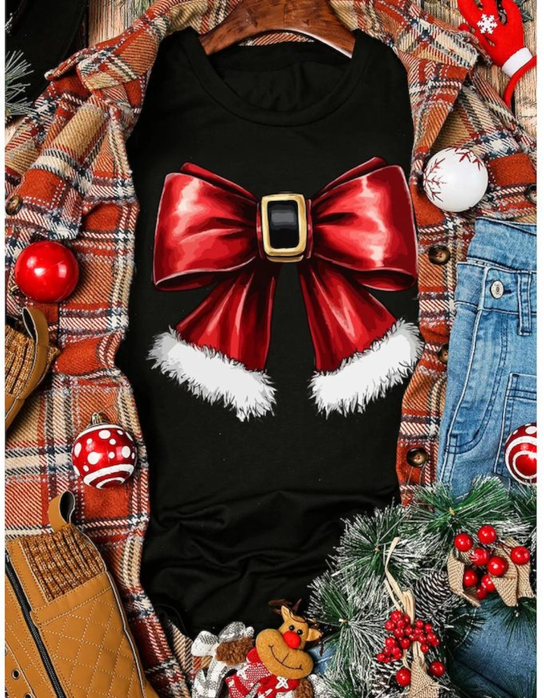 Black Christmas Big Bowknot Graphic Crewneck T Shirt