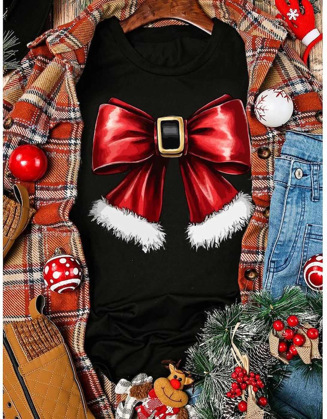 Black Christmas Big Bowknot Graphic Crewneck T Shirt