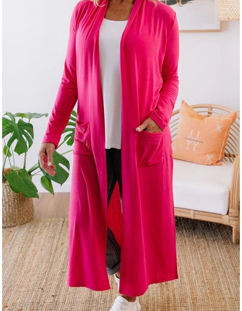 Strawberry Pink Plus Size Side Split Pockets Duster Cardigan