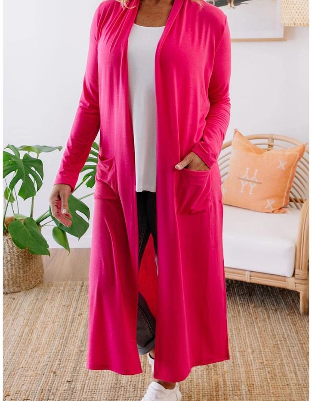 Strawberry Pink Plus Size Side Split Pockets Duster Cardigan, 12 of 11