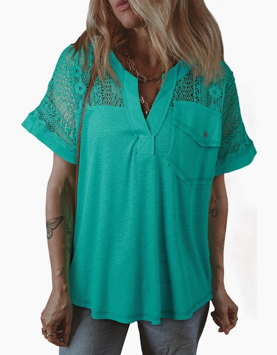 Sea Green Lace Patchwork Split Neck Textured Short Sleeve Blouse