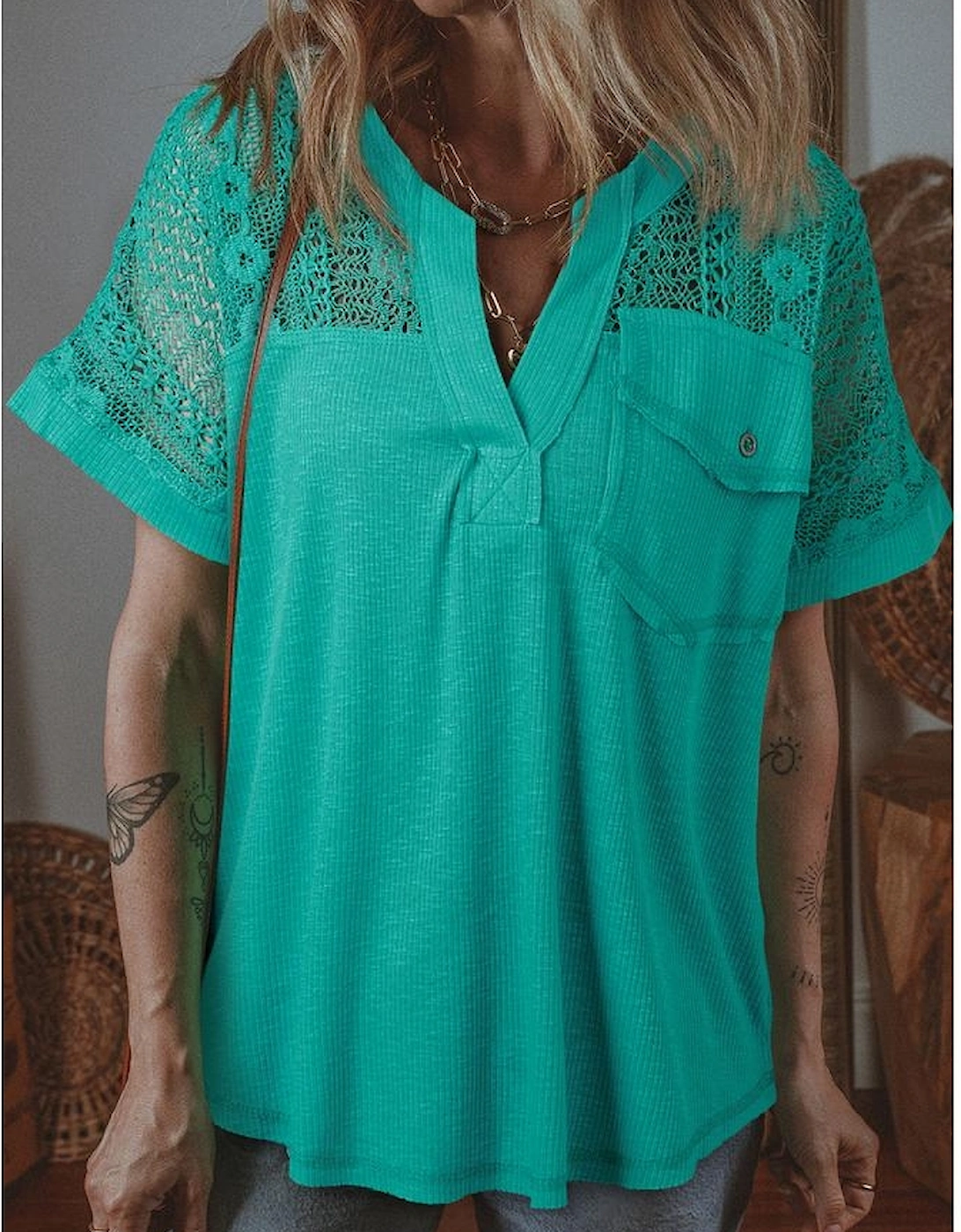 Sea Green Lace Patchwork Split Neck Textured Short Sleeve Blouse