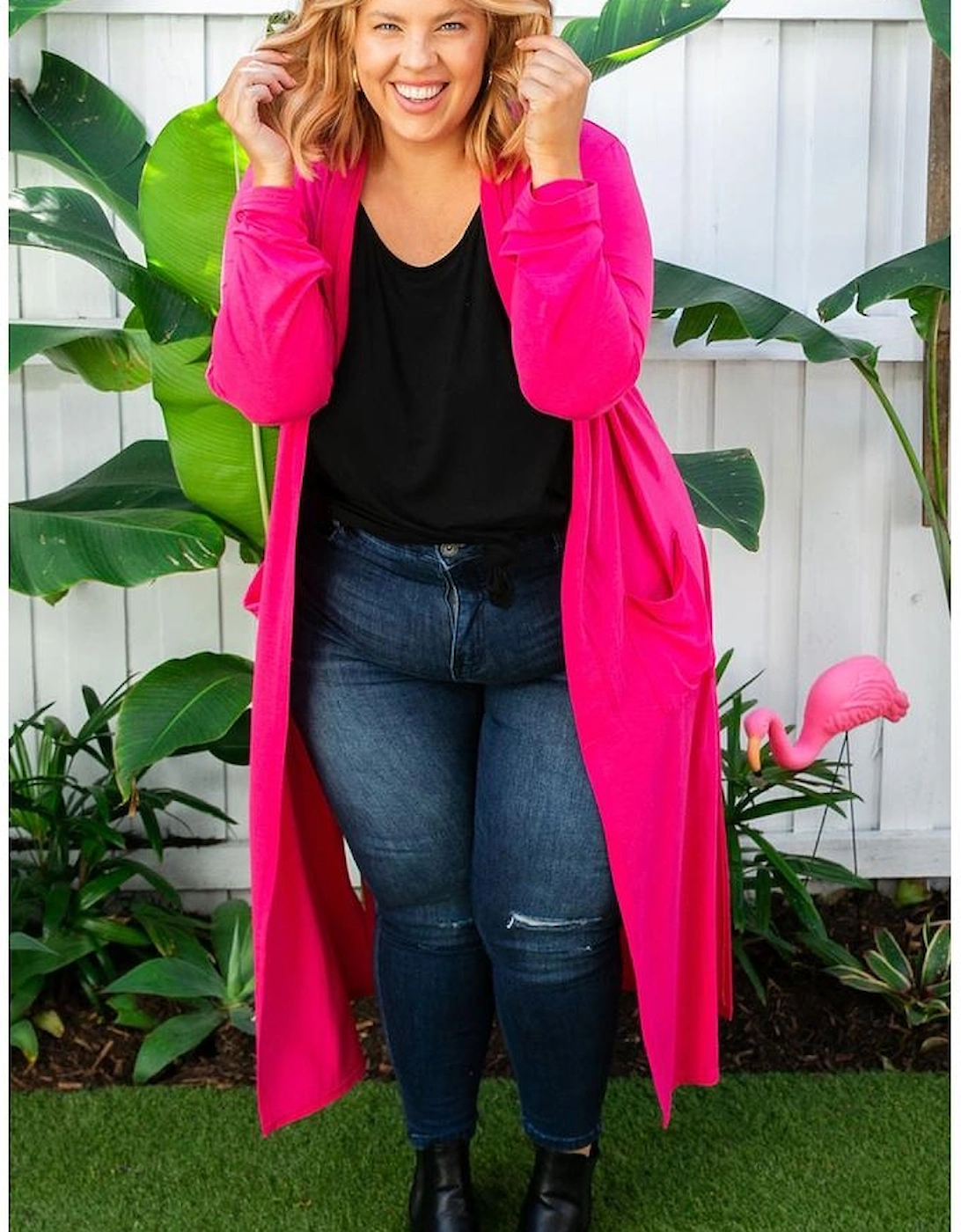 Strawberry Pink Plus Size Side Split Pockets Duster Cardigan