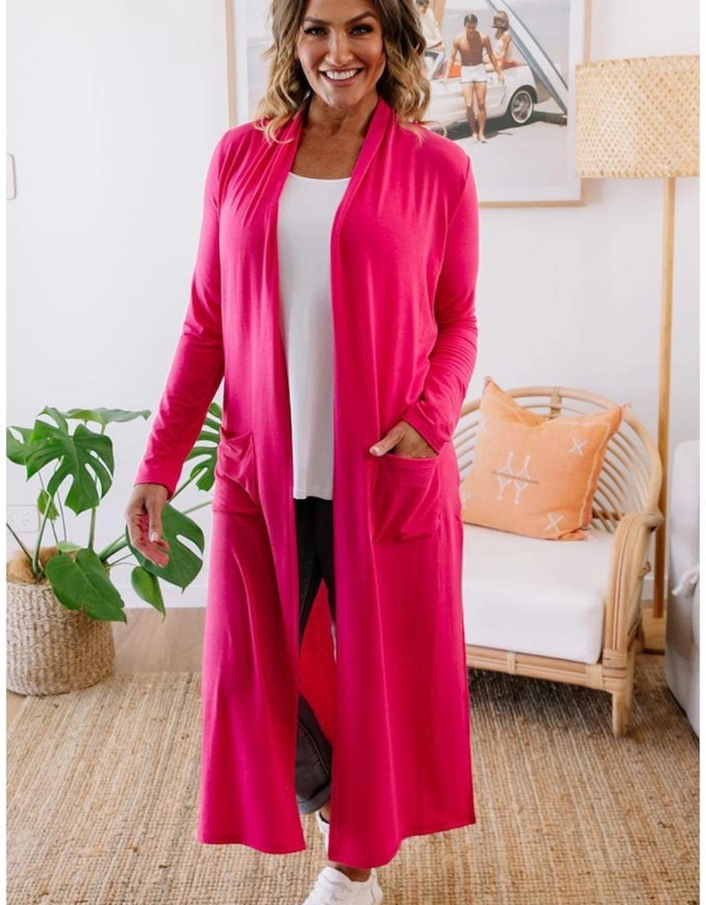 Strawberry Pink Plus Size Side Split Pockets Duster Cardigan