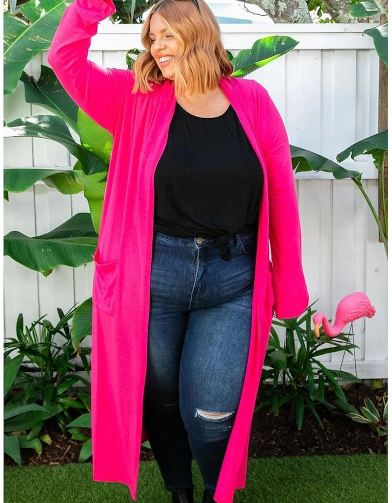 Strawberry Pink Plus Size Side Split Pockets Duster Cardigan