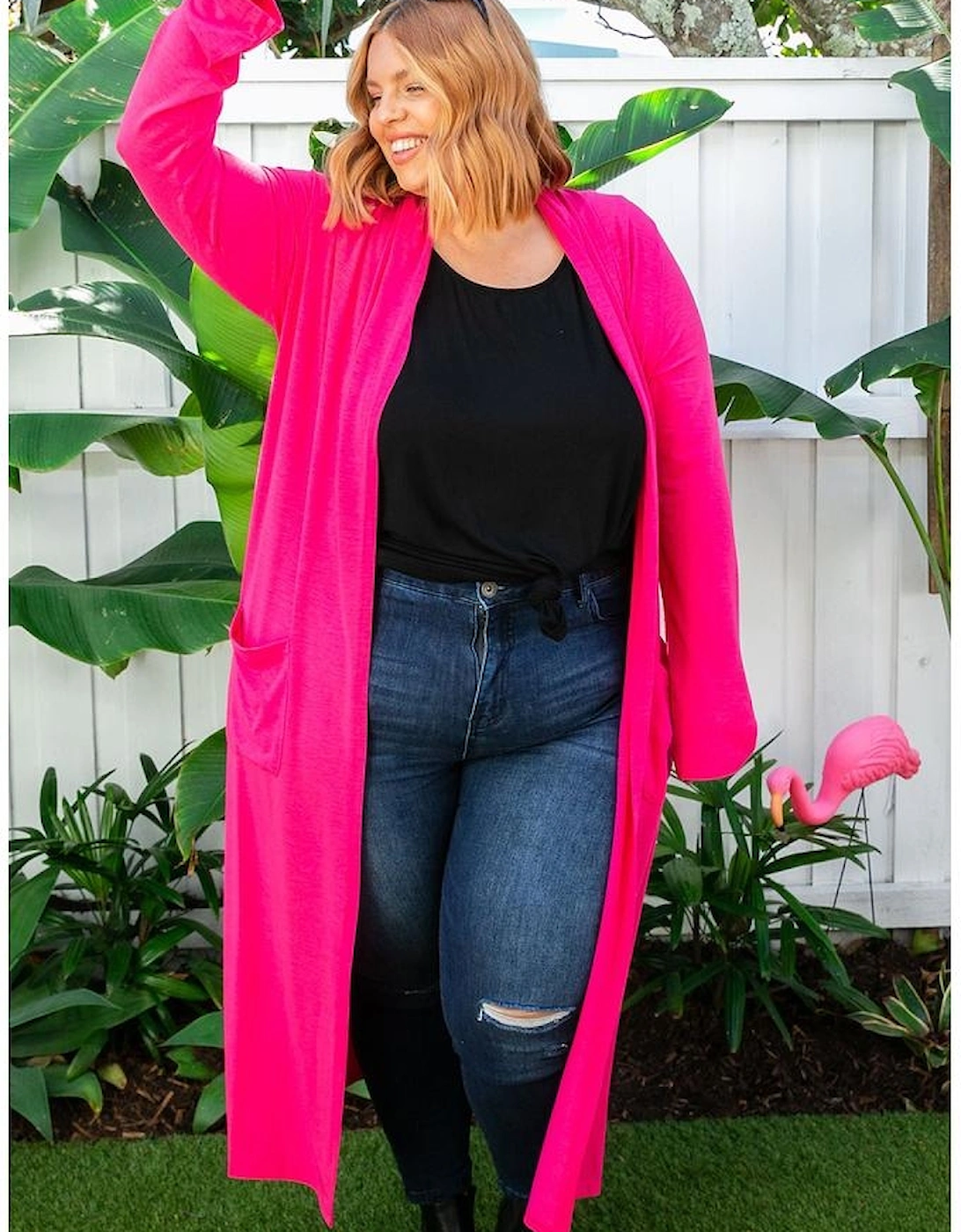 Strawberry Pink Plus Size Side Split Pockets Duster Cardigan