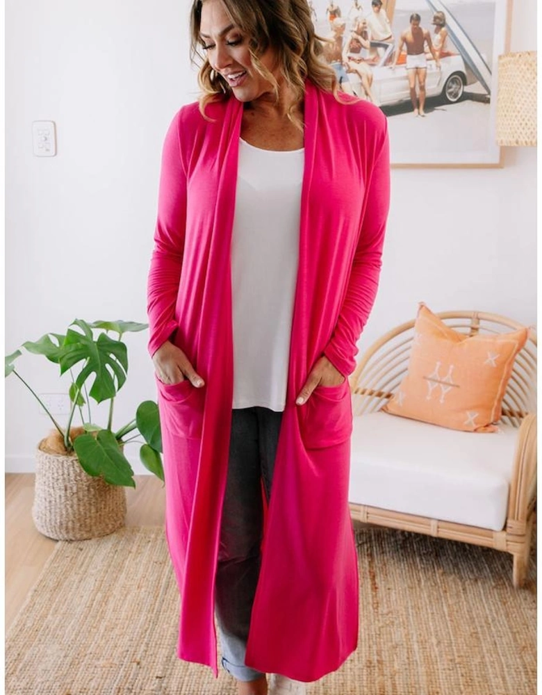 Strawberry Pink Plus Size Side Split Pockets Duster Cardigan