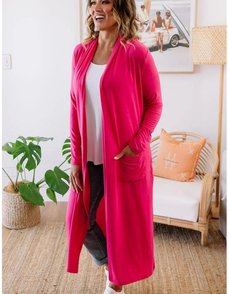 Strawberry Pink Plus Size Side Split Pockets Duster Cardigan