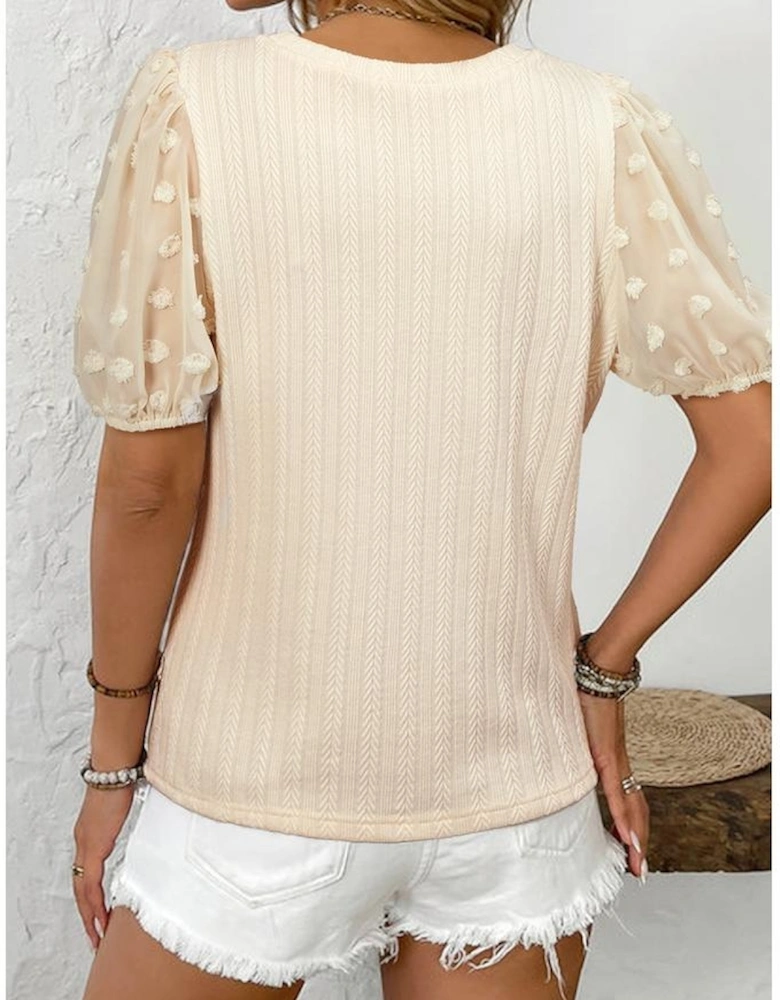 Apricot Polka Dot Mesh Puff Sleeve Textured Blouse