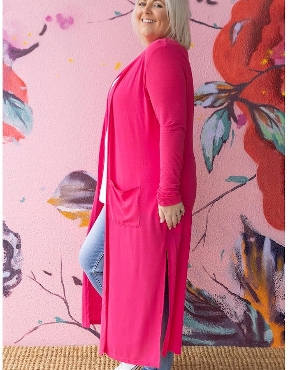 Strawberry Pink Plus Size Side Split Pockets Duster Cardigan