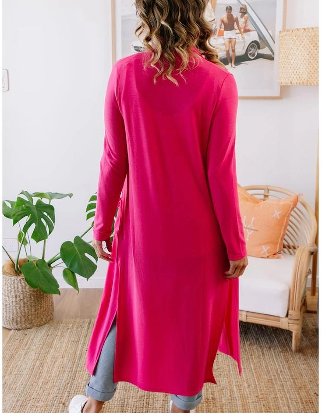 Strawberry Pink Plus Size Side Split Pockets Duster Cardigan