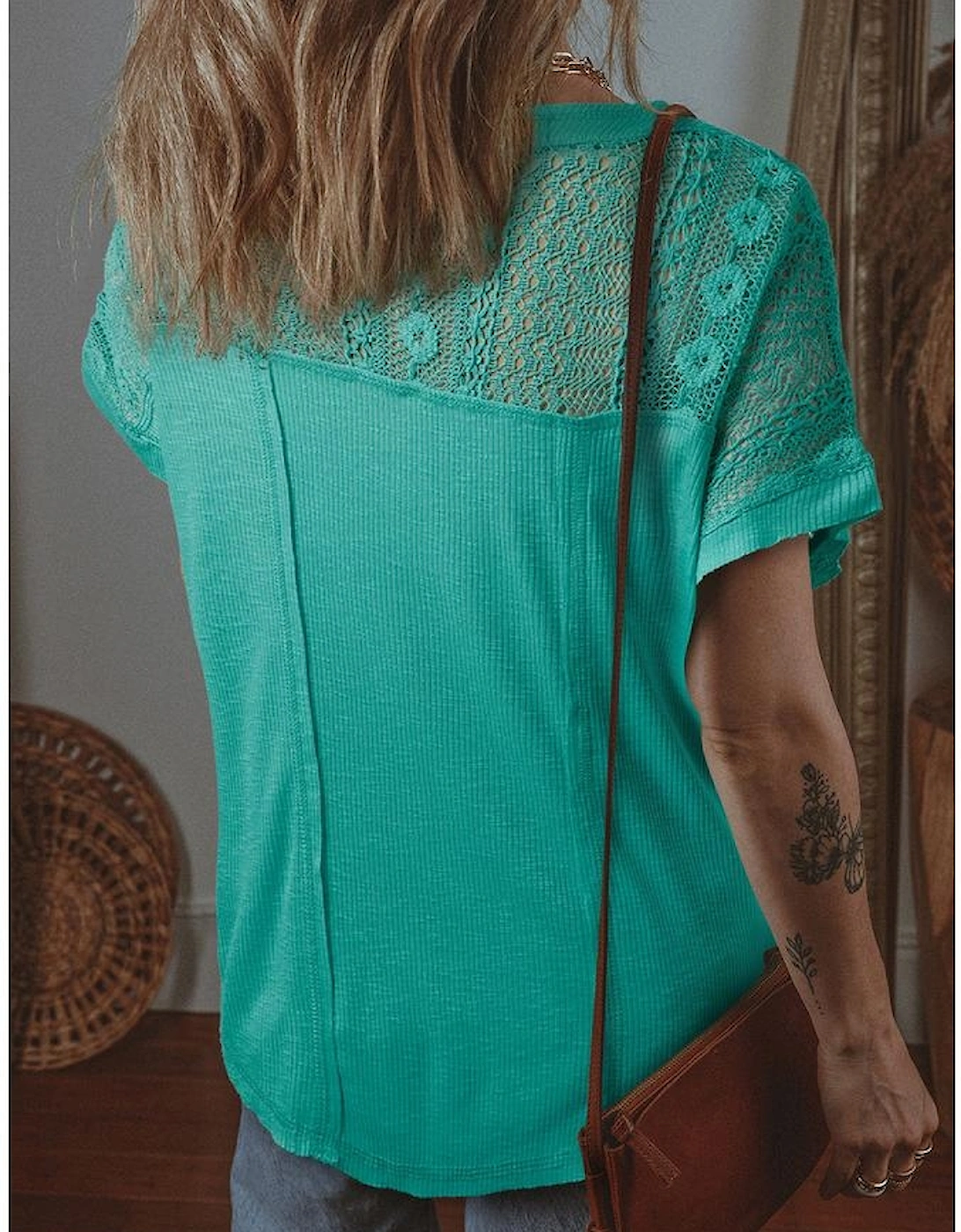 Sea Green Lace Patchwork Split Neck Textured Short Sleeve Blouse, 4 of 3