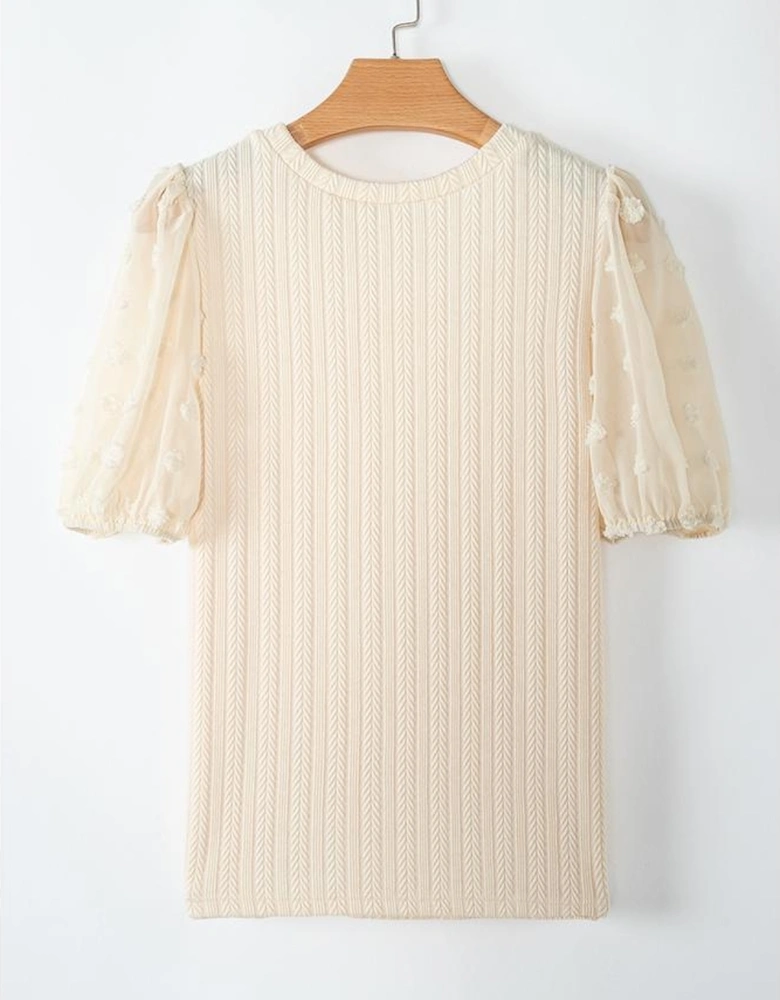 Apricot Polka Dot Mesh Puff Sleeve Textured Blouse