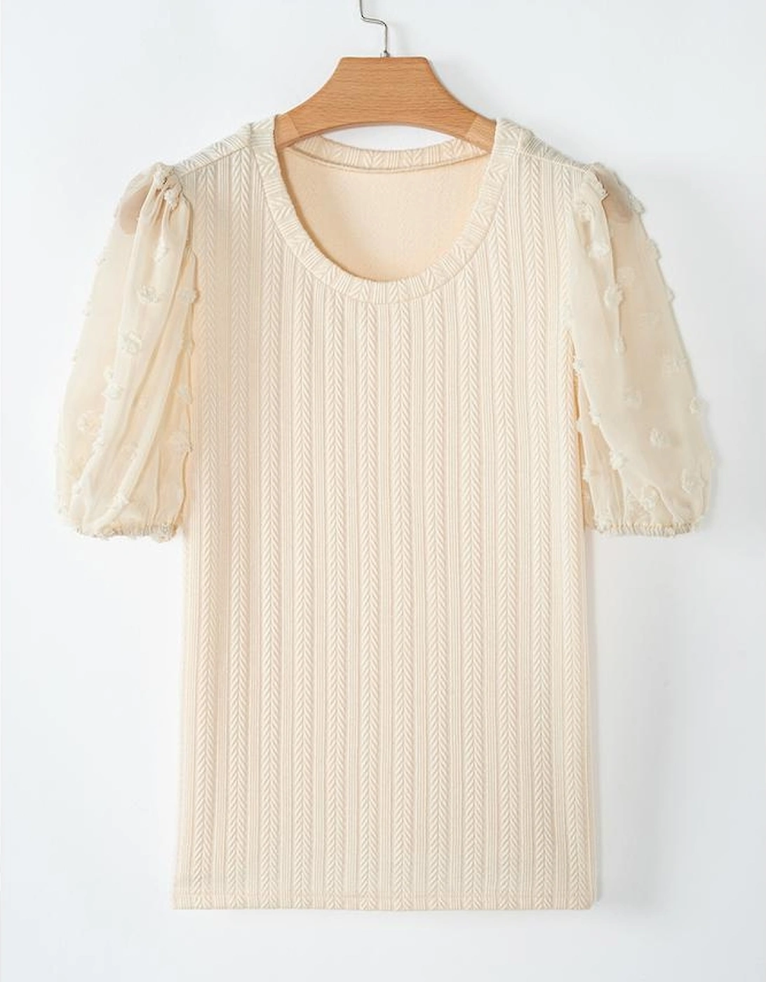 Apricot Polka Dot Mesh Puff Sleeve Textured Blouse