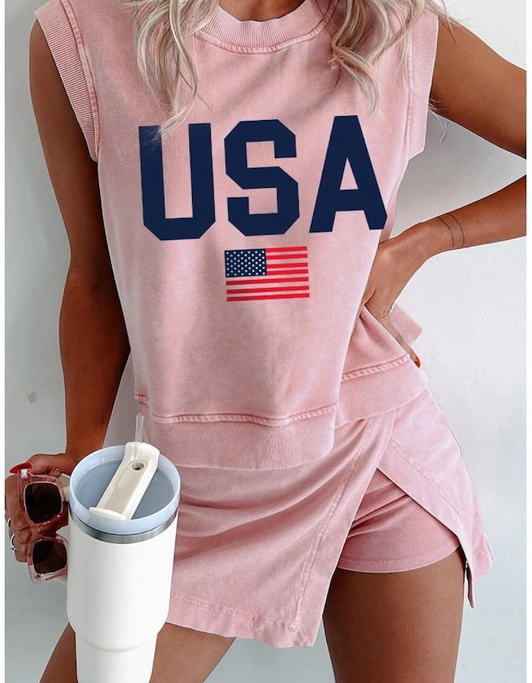 Light Pink USA Flag Graphic Tank Top and Skort Short Set