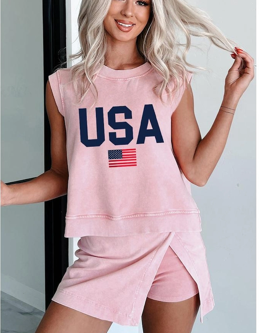 Light Pink USA Flag Graphic Tank Top and Skort Short Set