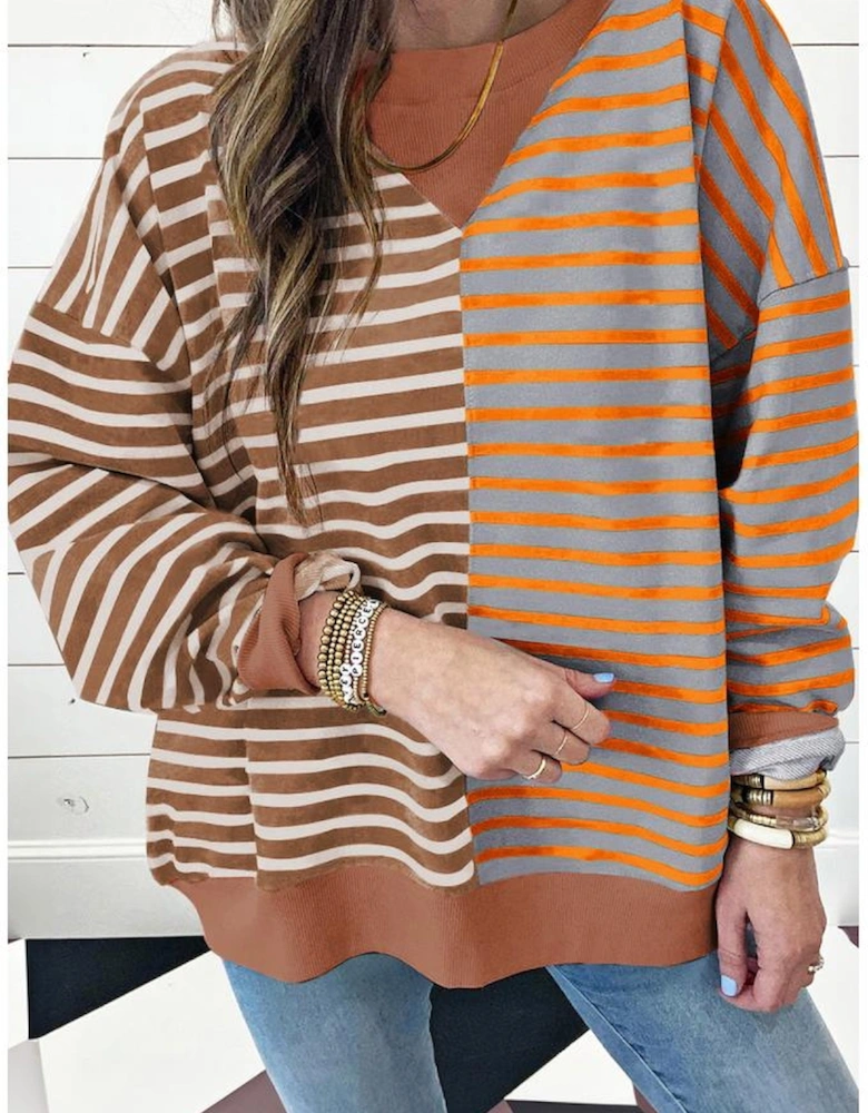 Brown Stripe Casual Stripe Colorblock Drop Shoulder Oversize Sweatshirt