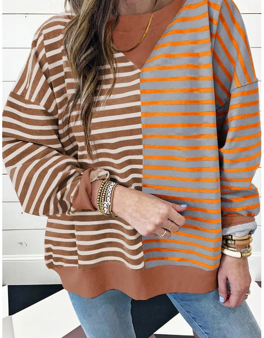Brown Stripe Casual Stripe Colorblock Drop Shoulder Oversize Sweatshirt