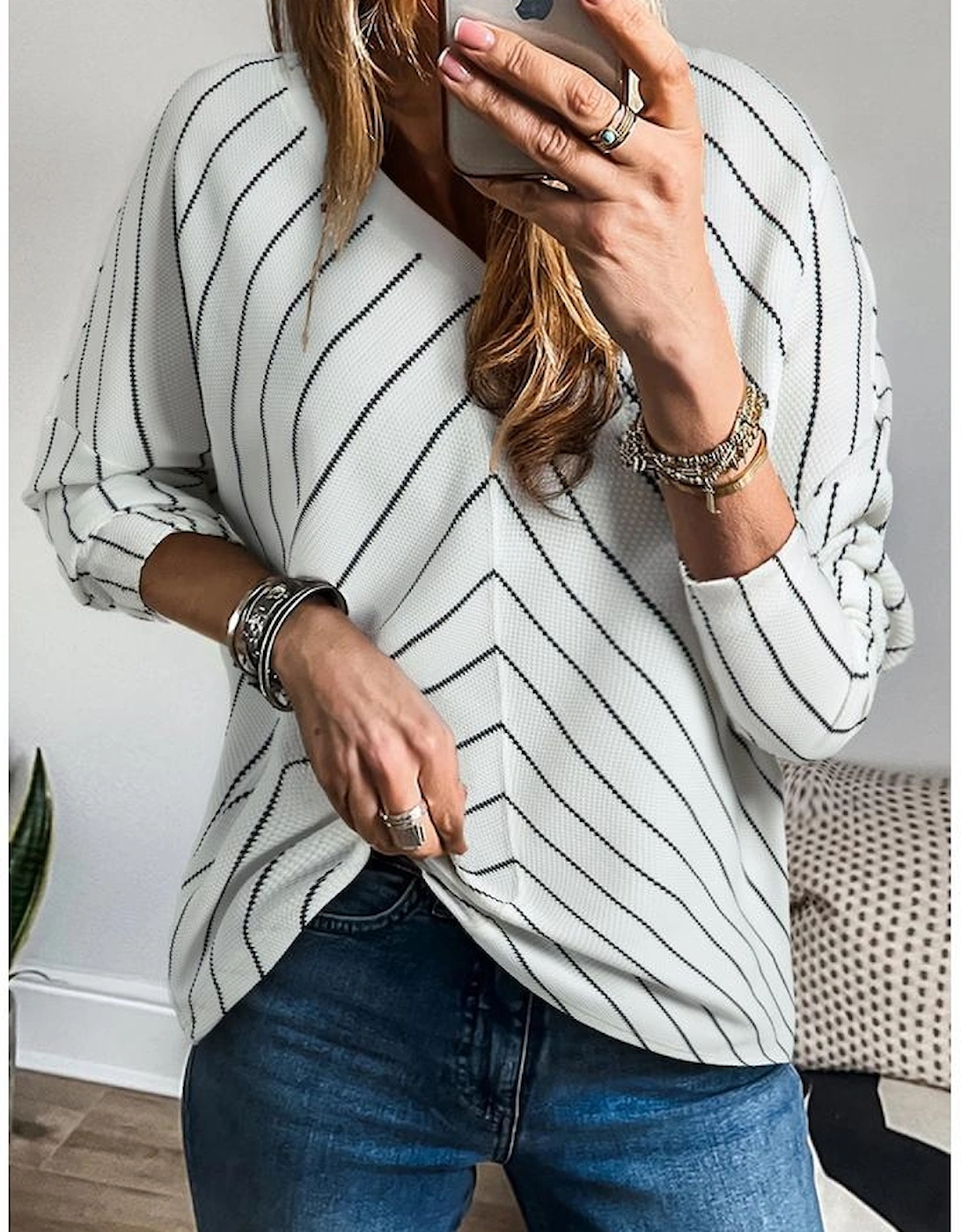 Black Stripe Chevron Striped V Neck Long Sleeve Casual Top, 8 of 7
