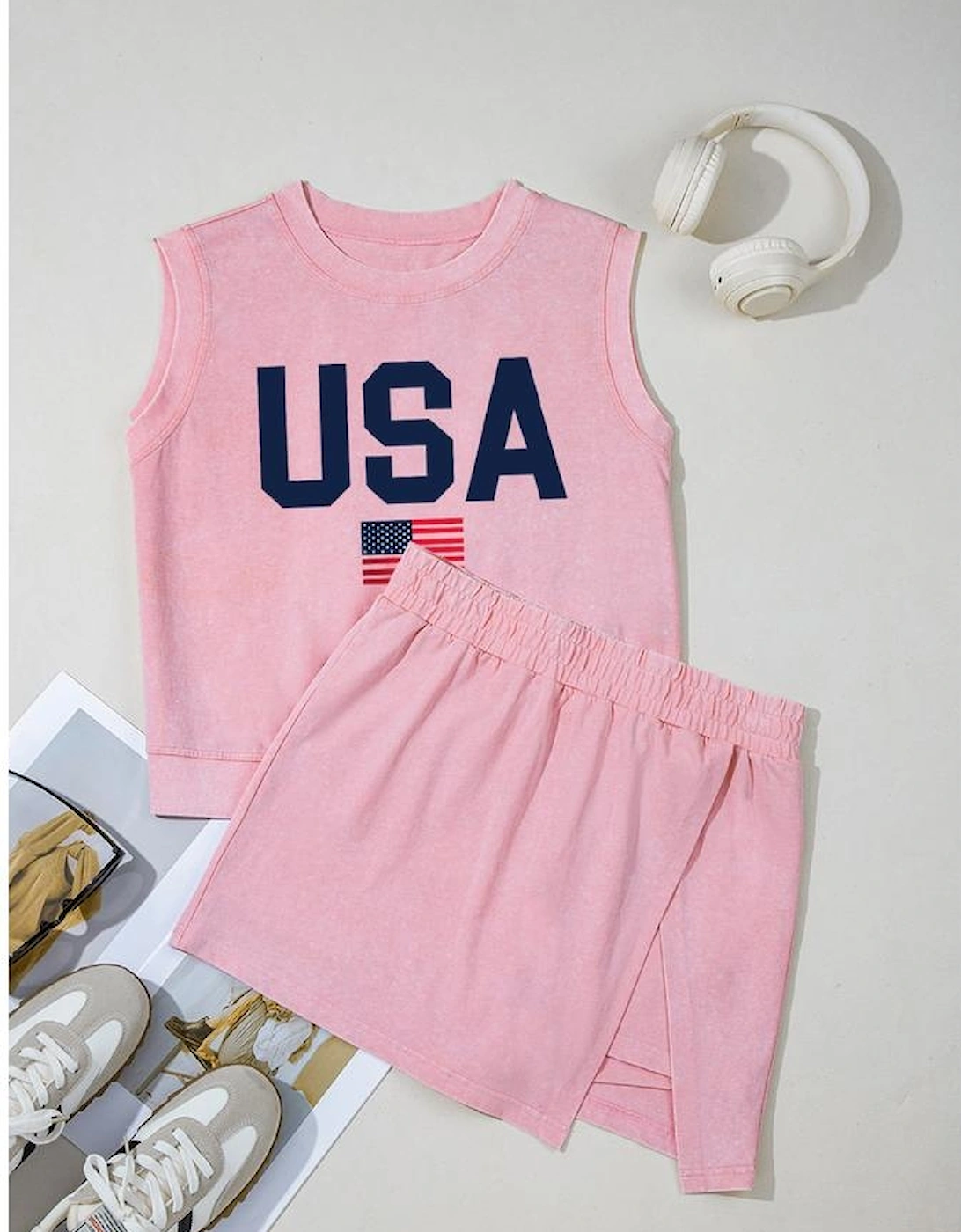Light Pink USA Flag Graphic Tank Top and Skort Short Set